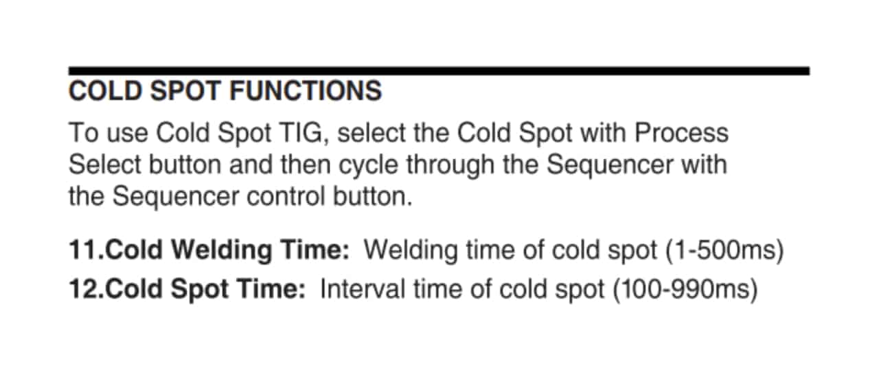 Image of the YesWelder TIG-225P manual showing the only “explanation” of the cold spot TIG welding